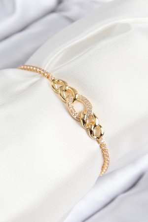 Pirinç Zirkon Taşlı Zincir Model Gold Renk Asansörlü Kadın Bileklik - TJ-BB7735