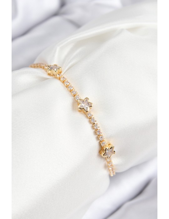 Pirinç Zirkon Taşlı Yıldız Model Gold Renk Asansörlü Kadın Bileklik - TJ-BB7737
