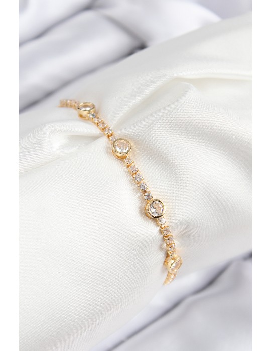 Pirinç Zirkon Taşlı Daire Model Gold Renk Asansörlü Kadın Bileklik - TJ-BB7745