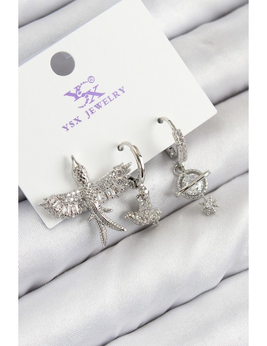 Pirinç Zirkon Taşlı 3'lü Kuş Model Gümüş Renk Kadın Küpe - TJ-BKP11124