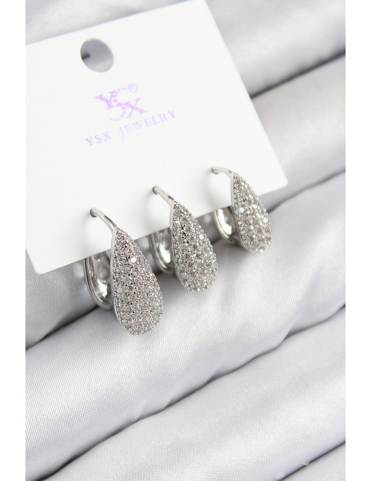 Pirinç Zirkon Taşlı 3'lü Damla Model Gümüş Renk Kadın Küpe - TJ-BKP11125