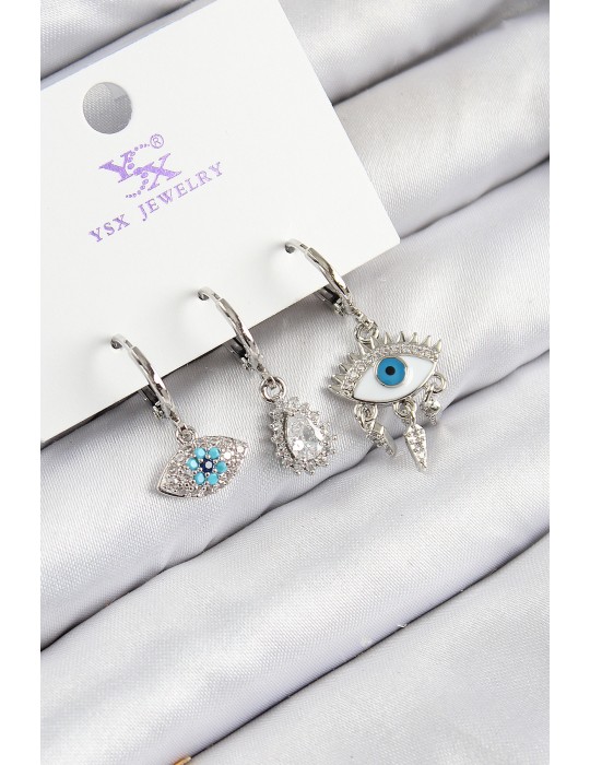 Pirinç Zirkon Taşlı 3'lü Fatma'nın Gözü Model Gümüş Renk Kadın Küpe - TJ-BKP11130