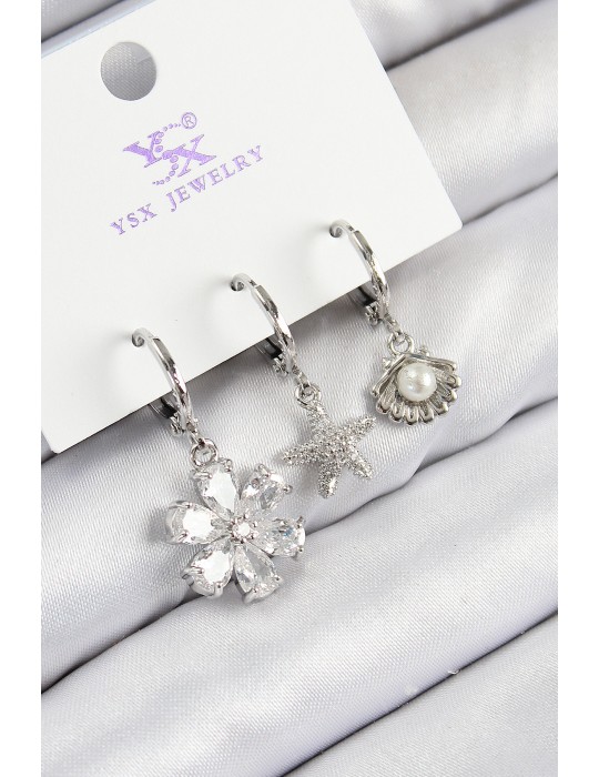 Pirinç Zirkon Taşlı 3'lü Çiçek Ve İstiridye Model Gümüş Renk Kadın Küpe - TJ-BKP11129