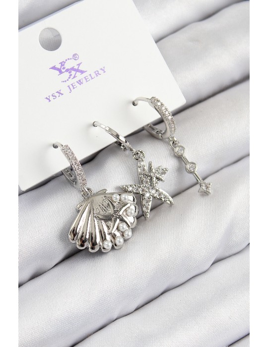 Pirinç Zirkon Taşlı 3'lü Yıldız Ve İstiridye Model Gümüş Renk Kadın Küpe - TJ-BKP11131