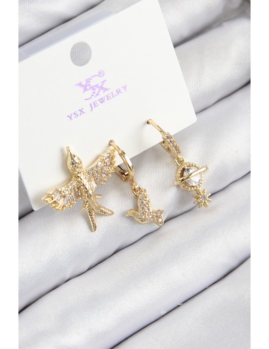Pirinç Zirkon Taşlı 3'lü Kuş Model Gold Renk Kadın Küpe - TJ-BKP11133