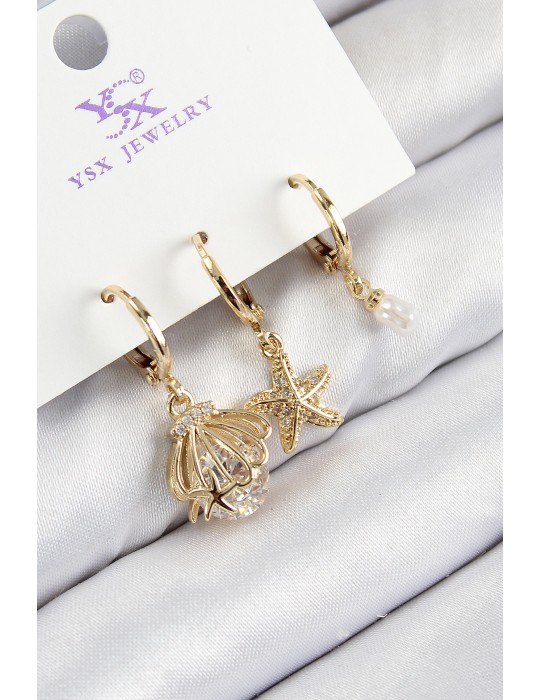 Pirinç Zirkon Taşlı 3'lü İstiridye Ve Yıldız Model Gold Renk Kadın Küpe - TJ-BKP11136