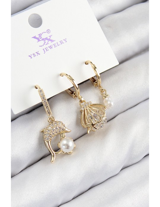 Pirinç Zirkon Taşlı 3'lü Yunus Balığı Ve İstiridye Model Gold Renk Kadın Küpe - TJ-BKP11139