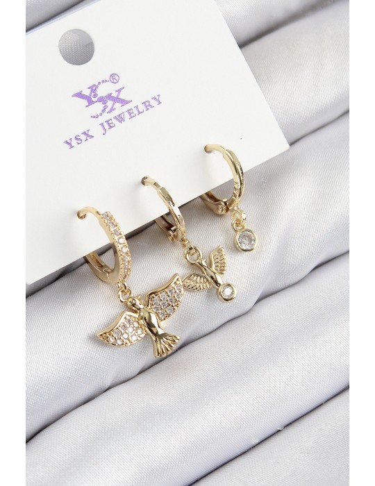 Pirinç Zirkon Taşlı 3'lü Kuş Model Gold Renk Kadın Küpe - TJ-BKP11140