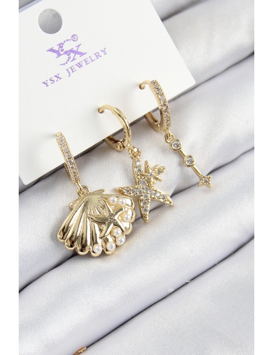Pirinç Zirkon Taşlı 3'lü İstiridye Ve Yıldız Model Gold Renk Kadın Küpe - TJ-BKP11144