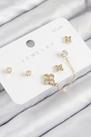 Pirinç Zirkon Taşlı Yonca Model Gold Renk 925 Ayar Gümüş Çivi Kadın Küpe Set - TJ-BKP11158 Pirinç Zirkon Taşlı Yonca Model Gold Renk 925 Ayar Gümüş Çivi Kadın Küpe Set - TJ-BKP11158