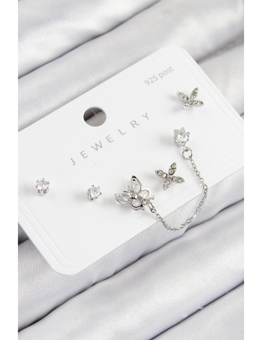 Pirinç Zirkon Taşlı Model Gümüş Renk 925 Ayar Gümüş Çivi Kadın Küpe Set - TJ-BKP11159