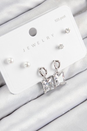 Pirinç Zirkon Taşlı Sallantılı Kare Model Gümüş Renk 925 Ayar Gümüş Çivi Kadın Küpe Set - TJ-BKP11161