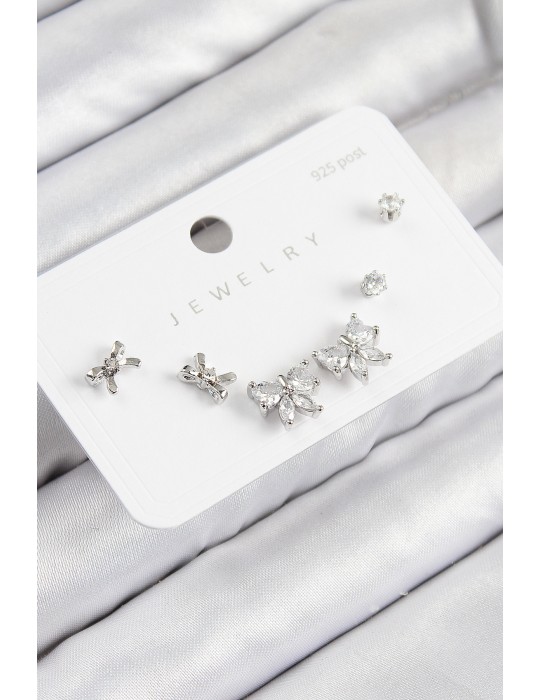 Pirinç Zirkon Taşlı Fiyonk Model Gümüş Renk 925 Ayar Gümüş Çivi Kadın Küpe Set - TJ-BKP11173