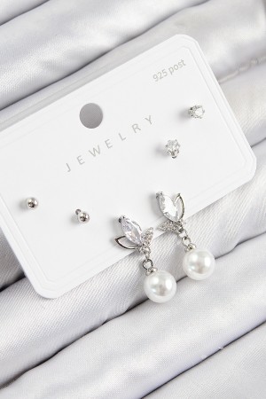 Pirinç Zirkon Taşlı İnci Sallantılı Damla Model Gümüş Renk 925 Ayar Gümüş Çivi Kadın Küpe Set - TJ-BKP11183