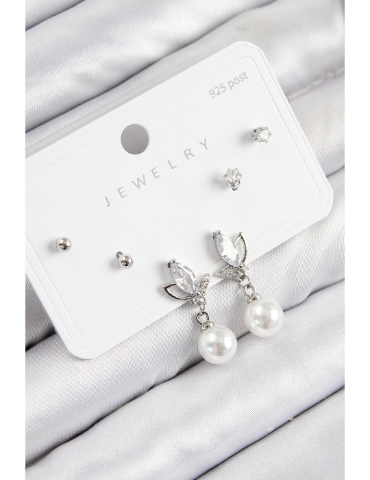 Pirinç Zirkon Taşlı İnci Sallantılı Damla Model Gümüş Renk 925 Ayar Gümüş Çivi Kadın Küpe Set - TJ-BKP11183