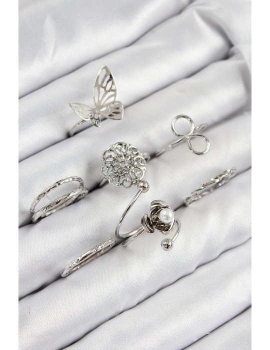 Pirinç Gül Model Gümüş Renk Kadın Yüzük Kombin Set - TJ-BYK3810