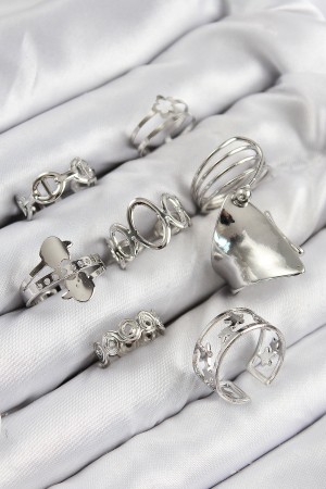 Pirinç Sarmal Ve Yıldız Model Gümüş Renk Kadın Yüzük Kombin Set - TJ-BYK3812 Pirinç Sarmal Ve Yıldız Model Gümüş Renk Kadın Yüzük Kombin Set - TJ-BYK3812