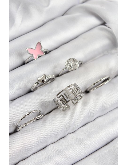 Pirinç Ve Kalp Model Gümüş Renk Kadın Yüzük Kombin Set - TJ-BYK3816