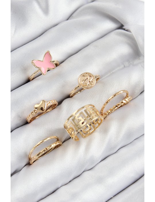 Pirinç Ve Kalp Model Gold Renk Kadın Yüzük Kombin Set - TJ-BYK3817