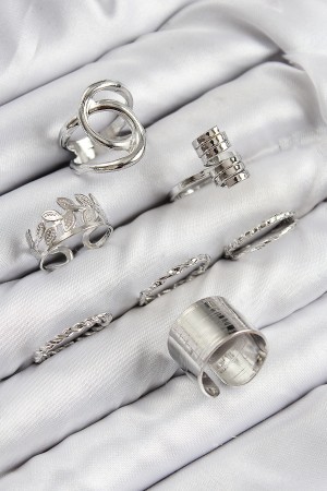 Pirinç Yaprak Model Gümüş Renk Kadın Yüzük Kombin Set - TJ-BYK3818