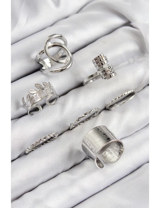 Pirinç Yaprak Model Gümüş Renk Kadın Yüzük Kombin Set - TJ-BYK3818