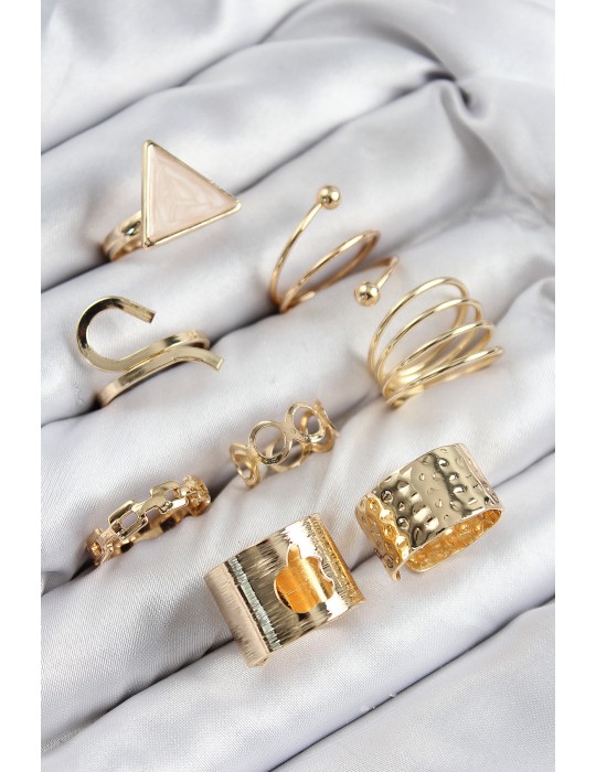 Pirinç Üçgen Model Gold Renk Kadın Yüzük Kombin Set - TJ-BYK3821