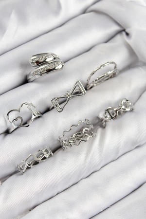 Pirinç Zirkon Taşlı Fiyonk Ve Kalp Model Gümüş Renk Kadın Yüzük Kombin Set - TJ-BYK3822