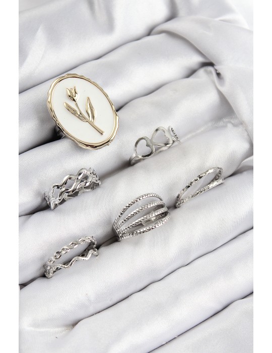 Pirinç Zirkon Taşlı Lale Model Gümüş Renk Kadın Yüzük Kombin Set - TJ-BYK3824