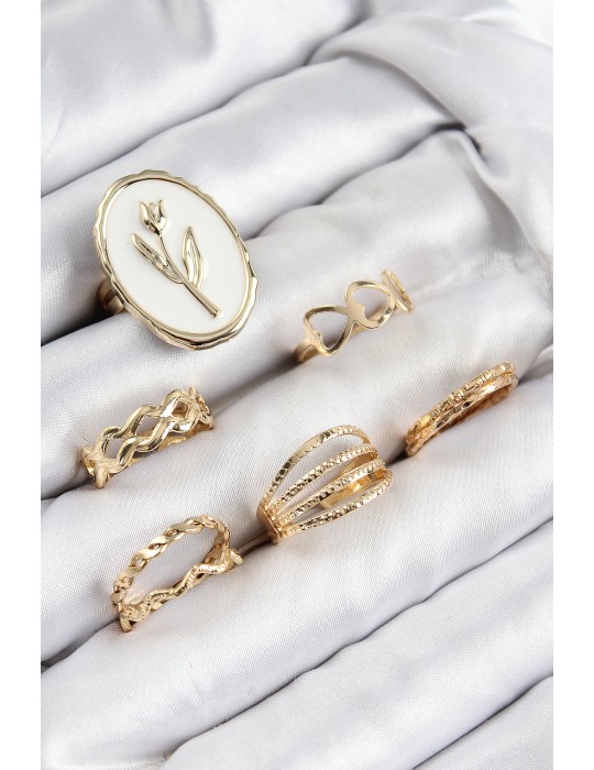 Pirinç Zirkon Taşlı Lale Model Gold Renk Kadın Yüzük Kombin Set - TJ-BYK3825