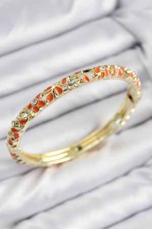 Mineli Pirinç Zirkon Taşlı Turuncu Çiçek Motifli Gold Kadın Kelepçe - TJ-BB7761