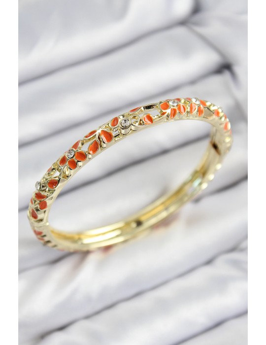 Mineli Pirinç Zirkon Taşlı Turuncu Çiçek Motifli Gold Kadın Kelepçe - TJ-BB7761