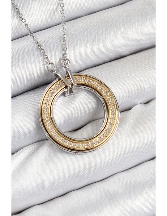 316L Çelik Zirkon Taşlı Dönen Daire Model Gold Ve Gümüş Renk Kadın Kolye - TJ-BKO10479