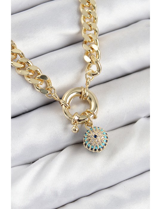 Pirinç Zirkon Taşlı Nazar Boncuk Detaylı Klasik Zincir Model Gold Renk Kadın Kolye - TJ-BKO10482