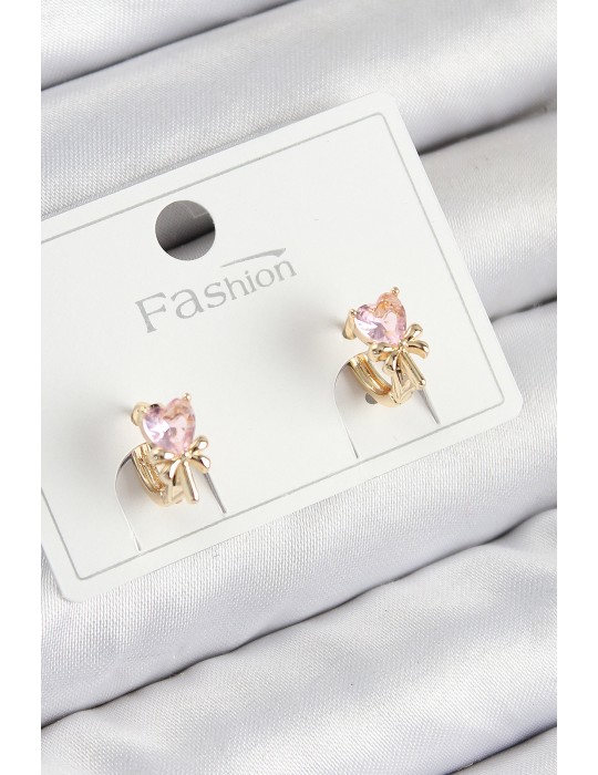 Pirinç Zirkon Taşlı Fiyonklu Kalp Model Gold Renk Çocuk Küpe - TJ-BKP11195
