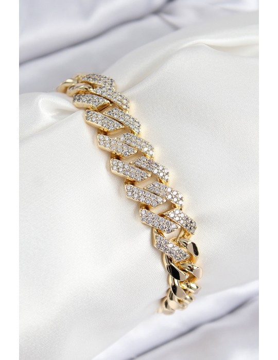 VIP Pirinç Zirkon Taşlı Cuba Model Gold Renk Kadın Bileklik - TJ-BB7765