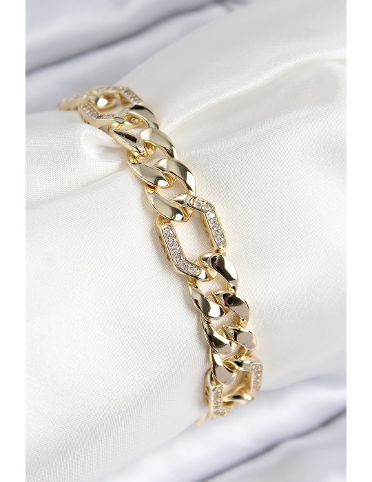 VIP Pirinç Zirkon Taşlı Parçalı Zincir Model Gold Renk Kadın Bileklik - TJ-BB7767