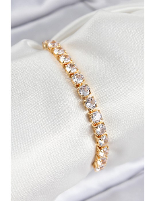 Pirinç Zirkon Taşlı Kare Model Gold Renk Asansörlü Kadın Bileklik - TJ-BB7792
