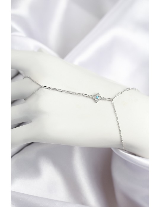 Pirinç Zirkon Taşlı Mavi Boncuklu Yonca Model Gümüş Renk Şahmeran - TJ-SN720