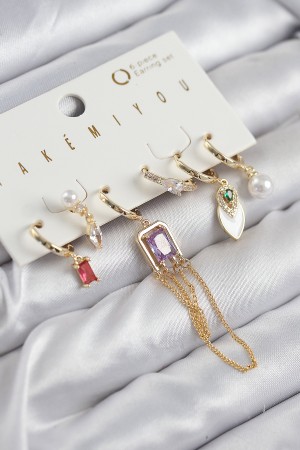 Pirinç Zirkon Taşlı Sallantılı Ve İncili Gold Renk 6'lı Küpe Set - TJ-BKP11204