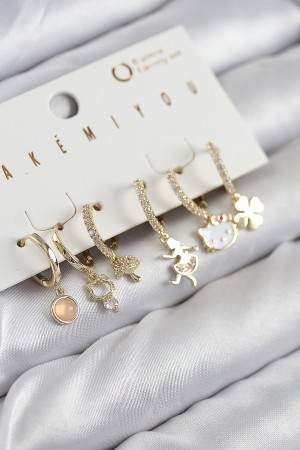 Pirinç Zirkon Taşlı Hello Kity Ve Yonca Model Gold Renk 6'lı Küpe Set - TJ-BKP11206
