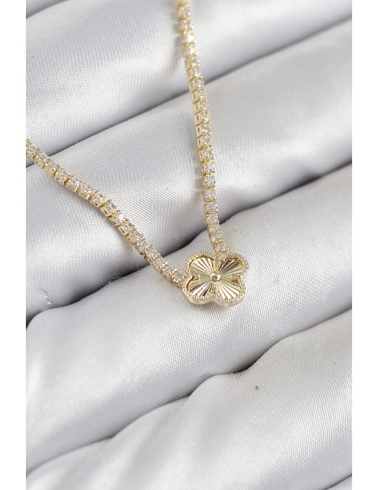 Pirinç Zirkon Taşlı Yonca Model Gold Renk Kadın Kolye - TJ-BKO10490