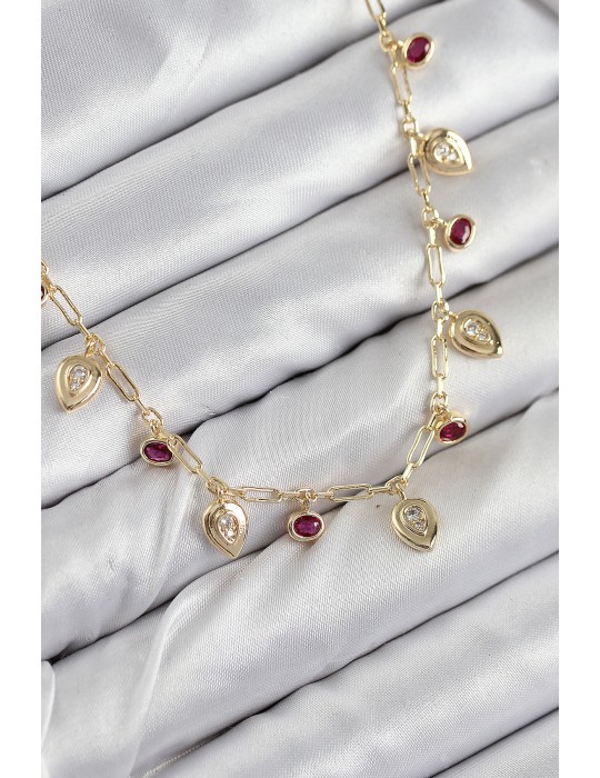 Pirinç Zirkon Taşlı Sallantılı Damla Model Gold Renk Kadın Kolye - TJ-BKO10495