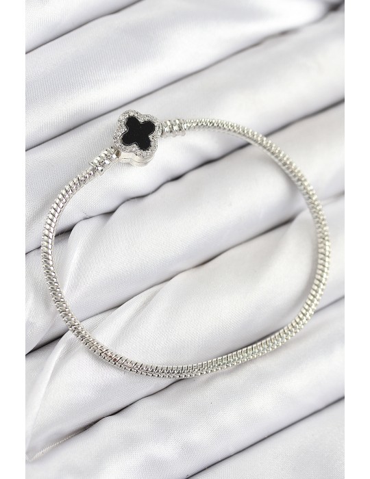 Pirinç Charm Zirkon Taşlı Yonca Model Gümüş Renk Kadın Bileklik - TJ-BB7800