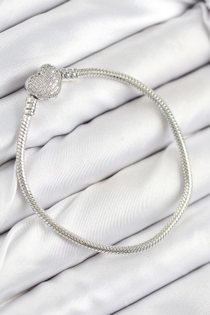 Pirinç Charm Zirkon Taşlı Kalp Model Gümüş Renk Kadın Bileklik - TJ-BB7803