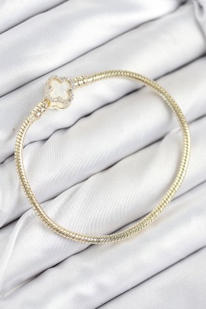 Pirinç Charm Zirkon Taşlı Yonca Model Gold Renk Kadın Bileklik - TJ-BB7805