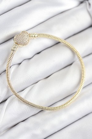 Pirinç Charm Zirkon Taşlı Kalp Model Gold Renk Kadın Bileklik - TJ-BB7809