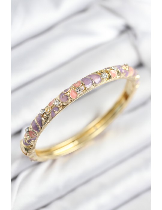 Mineli Pirinç Zirkon Taşlı Pembe Mor Çiçek Motifli Gold Kadın Kelepçe - TJ-BB7814
