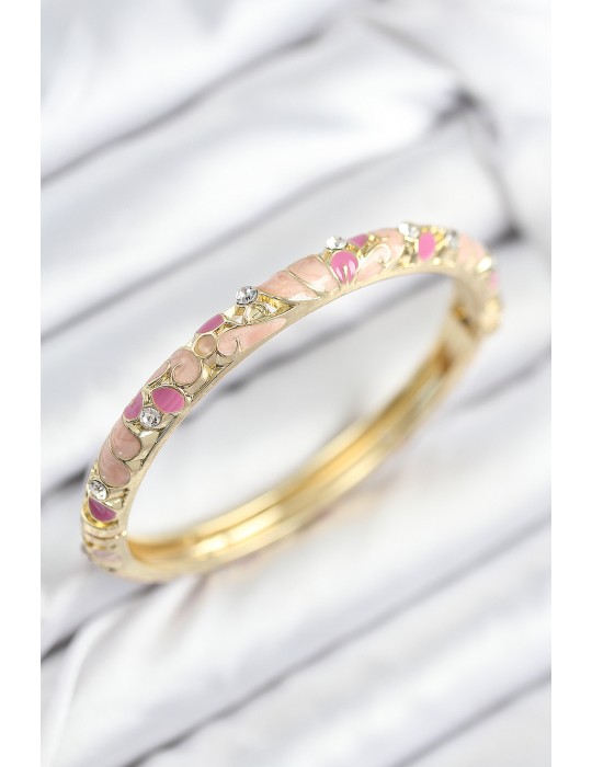 Mineli Pirinç Zirkon Taşlı Pembe Çiçek Motifli Gold Kadın Kelepçe - TJ-BB7817