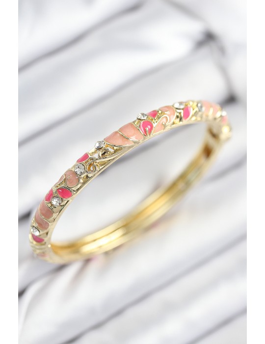 Mineli Pirinç Zirkon Taşlı Pembe Çiçek Motifli Gold Kadın Kelepçe - TJ-BB7818