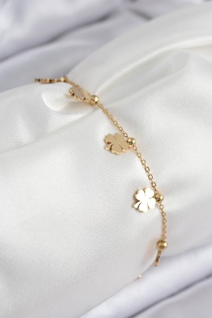 316L Çelik Sıralı Yonca Model Gold Renk Kadın Bileklik - TJ-BB7824